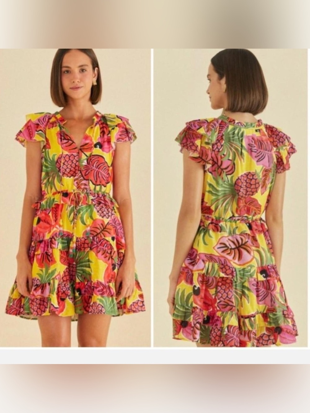 FARM Rio Yellow Pink Tropical Pineapple Ruffle Mini Dress NWT Size Small